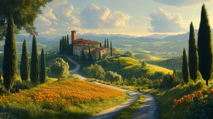 Scenic countryside pathway tuscany digital art serene landscape