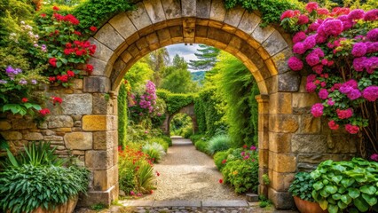 Fototapeta premium Ancient stone archway spans over a tranquil courtyard surrounded by vibrant greenery and vibrant flowers in full bloom leading to a serene oasis , garden, landscape