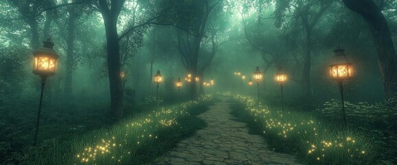 Obraz premium Enchanted Forest Pathway With Lanterns