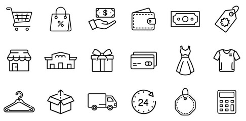 E-Commerce & Shopping Outline Icon Bundle – Retail, Payment, Online Store, Delivery Services