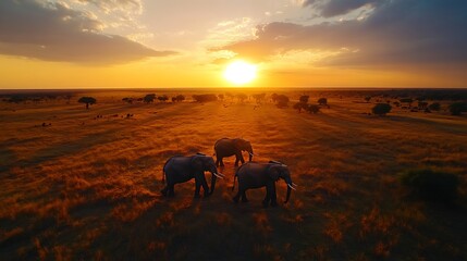 Elephants grazing at sunset in savanna aerial view of nature's beauty