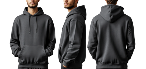 stylish gray hoodie worn by man, showcasing front, side, and back views