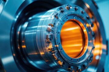 close-up of large hadron collider machinery showcasing intricate engineering with ample copy space above