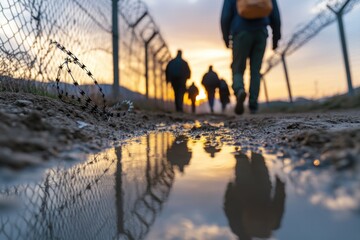 Unlawful passage: refugee attempts illegal crossing, migration struggles, border security, barbed wire obstacles, human rights issues, displacement crisis, global challenges, undocumented movement.
