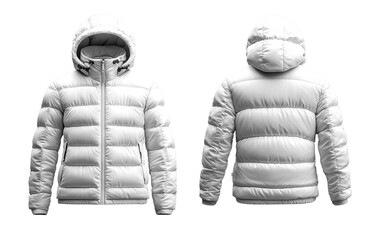 stylish white puffer jacket with hood, perfect for cold weather