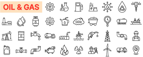 Oil & Gas Industry Outline Icon Bundle – Petroleum, Energy Production, Refinery, Fuel Extraction