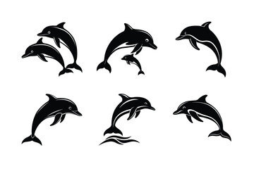 Fototapeta premium Bundle Vector Silhouettes of Playful and Jumping Dolphins 