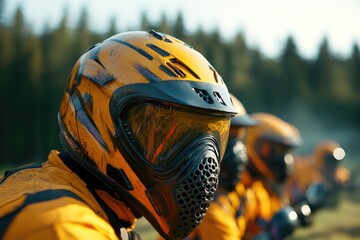 participants in vibrant gear take aim during exhilarating game of paintball with forested backdrop setting scene
