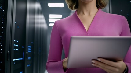 Female Professional in Pink Holding Tablet in Data Center Environment