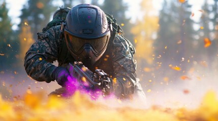 Obraz premium players engage in thrilling paintball match amid forested backdrop