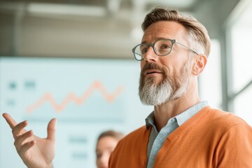portrait of small business owner confidently giving presentation on financial technologies to diverse team