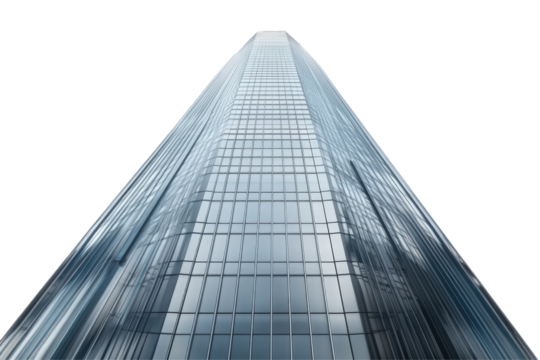 Ascending glass facade of modern skyscraper against transparent space