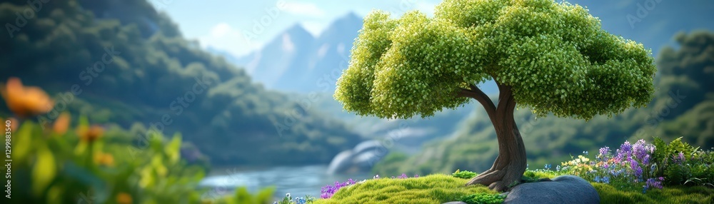 Aufkleber small tree surrounded by dense foliage in a vibrant green forest setting