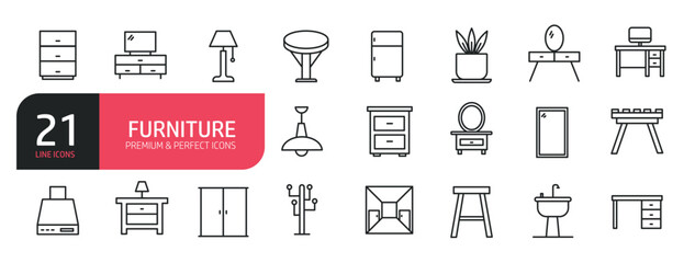 Set of line icons related to furniture, television set, table, mirror, sideboard.  Outline icons collection. Editable stroke. Vector illustration