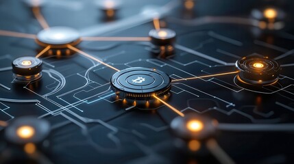 Blockchain enables smart contracts across decentralized nodes. Digital network with nodes and connections illuminated by light.