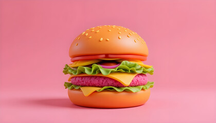 Vibrant 3D Rendered Hamburger Against a Pink Background