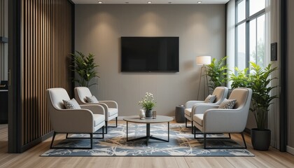 Cozy seating area for meetings office space interior design modern environment wide angle view