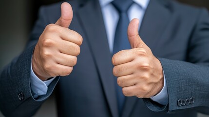 Confident Businessman Giving Two Thumbs Up in Formal Attire