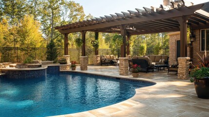 Luxury backyard pool with pergola and patio furniture. Perfect for showcasing relaxation, luxury, and outdoor living.