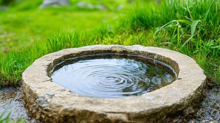 Fototapeta premium Tranquil Stone Water Pool Surrounded by Lush Green Grass and Nature