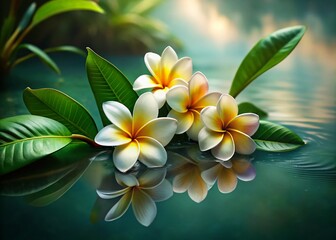 Fototapeta premium Serene Plumeria Flowers Floating on Water, Peaceful Nature Scene, Tropical Bloom