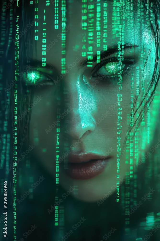 Aufkleber Close-up of a womans face with digital binary code overlay representing technology and data processing