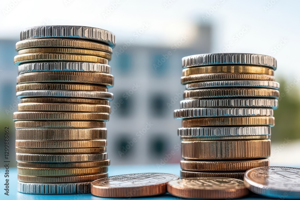 Poster Stack of coins arranged neatly on a wooden table with a blurred background for financial concept