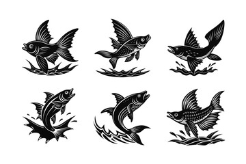 Vector Silhouettes of Leaping and Gliding Flying Fish