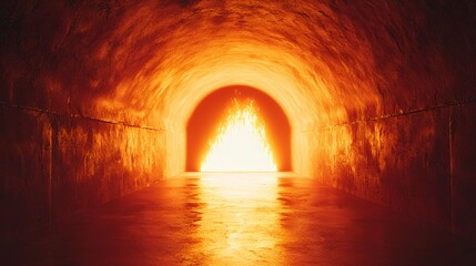 Naklejka premium Fiery Orange Flames Illuminating Dark Tunnel Entrance