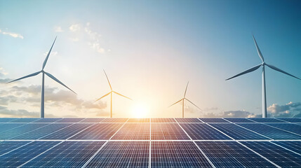 Wind Turbines And Solar Panels Generating Clean Energy Under Blue Sky At Sunset