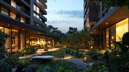 Obraz premium Lush Modern Garden at Dusk with Architectural Design