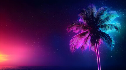 Obraz premium Neon Illuminated Palm Tree Silhouette Against a Starry Night Sky and Ocean Horizon
