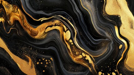 Fluid artwork features swirling black and gold paint streams