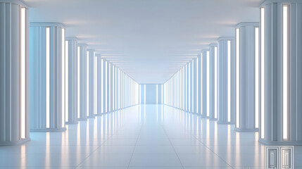 Fototapeta premium Symmetrical White Interior Hallway with Vertical Light Columns and Reflective Floor