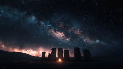 Obraz premium Night sky, ancient stones, campfire, Milky Way, travel poster