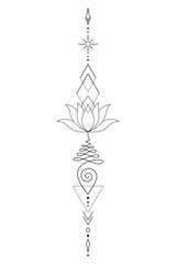 Sacred Lotus Unalome Tattoo Design Minimalist Spiritual Symbol. Vector isolated buddhist line hand drawn symbol.