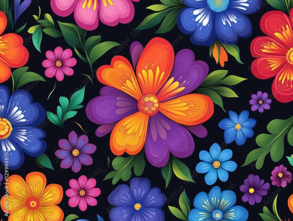 Poster colorful flowers arranged on a black background creating a vibrant and striking visual contrast