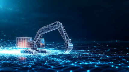 Abstract Digital Excavator Representing Technological Advancements in a Blue Futuristic Cyber World