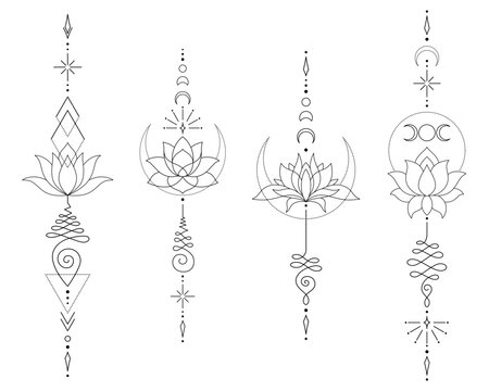 Sacred Lotus Unalome Tattoo Design Minimalist Spiritual Symbol. Vector isolated buddhist line hand drawn symbol.