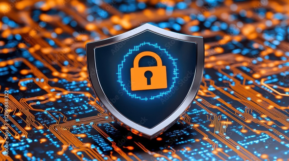 Poster Shield on circuit board with lock symbol representing security and protection concept