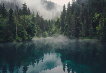 Mountains in the fog and boats on the lake	