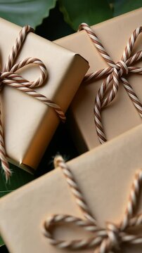Three Eco-Friendly Gift Boxes on Green Leaves