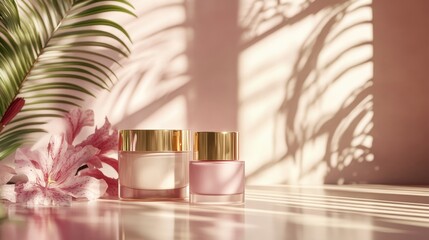 Pink cream jars with gold lids sit on a table with tropical flowers. Perfect for beauty, skincare, or cosmetic product advertising.