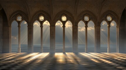 Sunlit Gothic Hall Overlooking a Misty Ocean