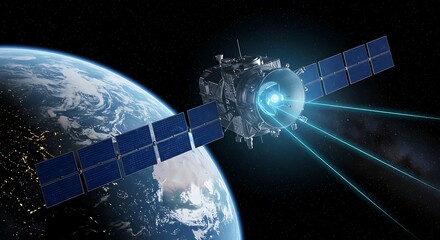 Orbiting Satellite Sending Data Beams Back to Earth in Starry Space