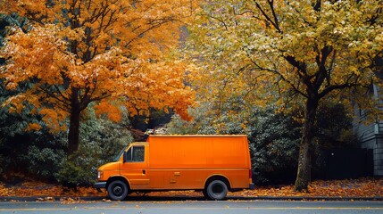 Bright Orange Van Among Autumn Leaves