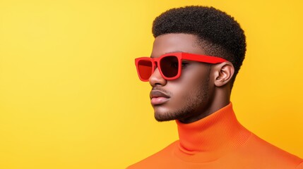 Obraz premium Young Man in Orange Turtleneck and Red Sunglasses Against Yellow Background