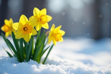 Bright yellow daffodils blooming under a layer of white snow on a cold winter day, flowers, nature