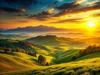 Obraz premium Serene Sunset Over Rolling Hills and Lush Green Fields - Idyllic Rural Landscape