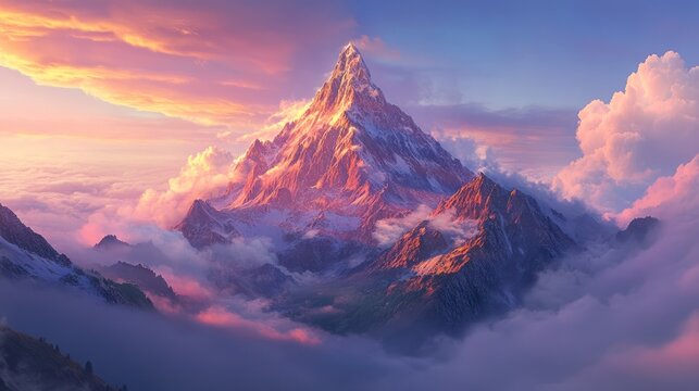 Majestic mountain peak sunrise, cloudscape, nature scene, travel poster